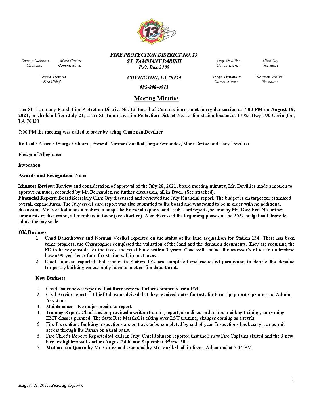August 18th Meeting Minutes 2021