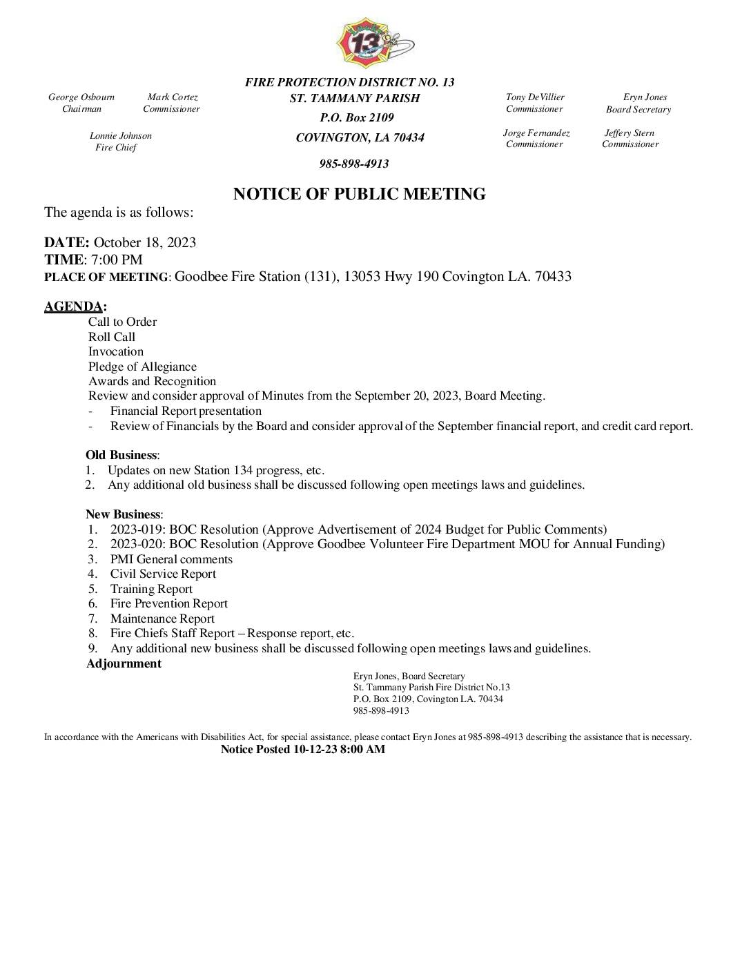 Board Meeting Notice 10 18 23