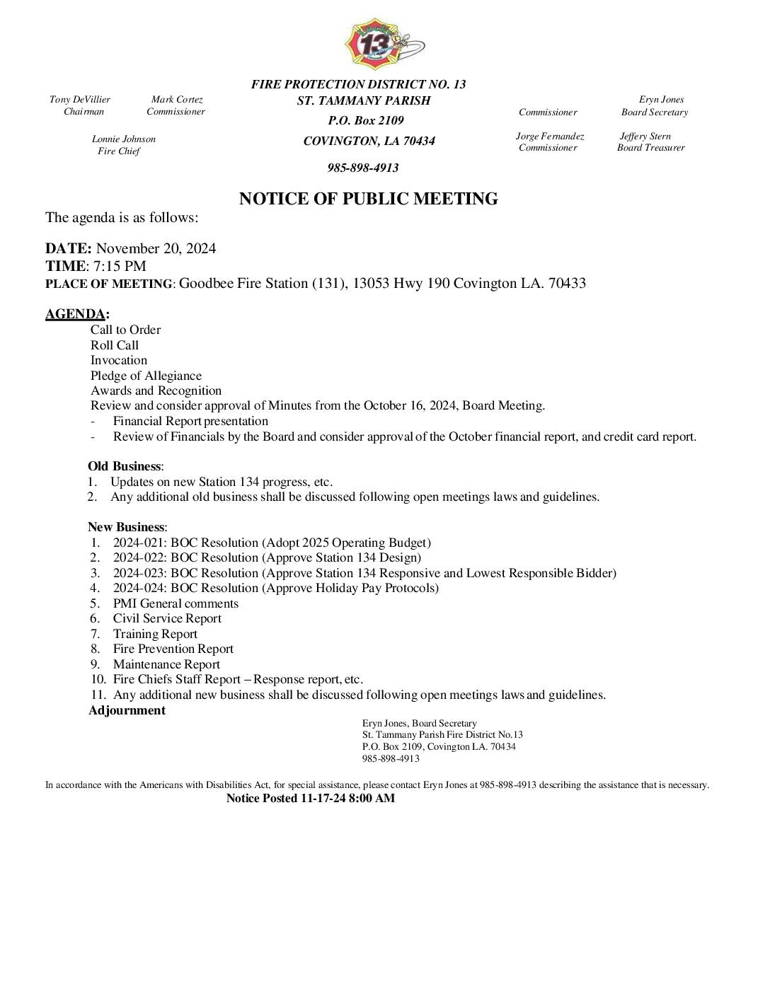 Board Meeting Notice 11 20 24