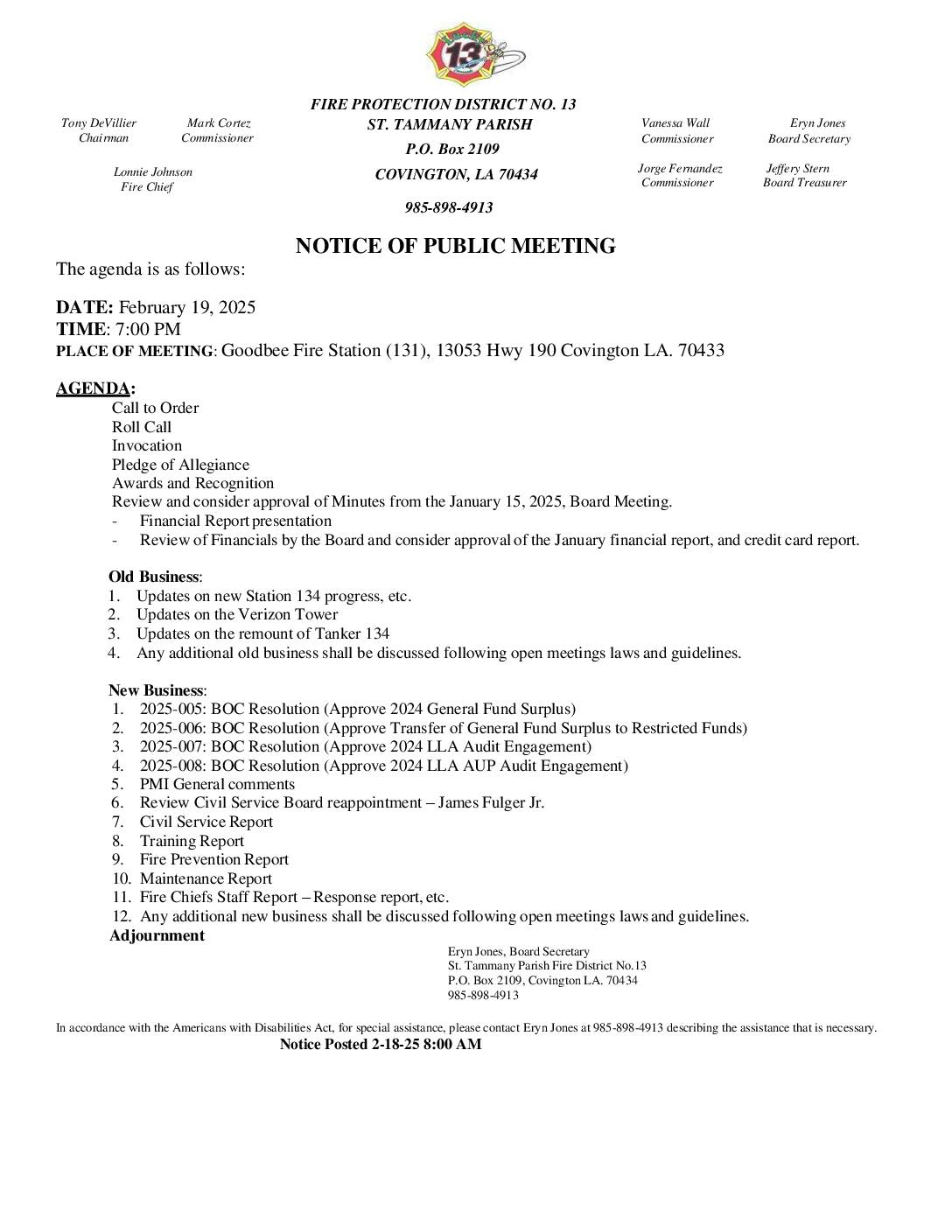 Board Meeting Notice 2 19 25