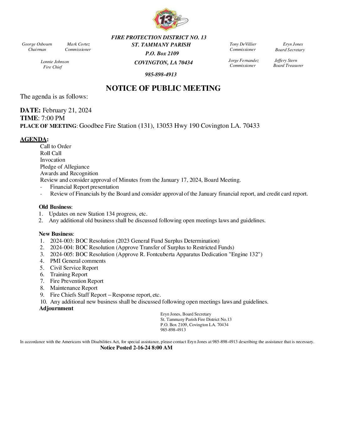 Board Meeting Notice 2 21 24