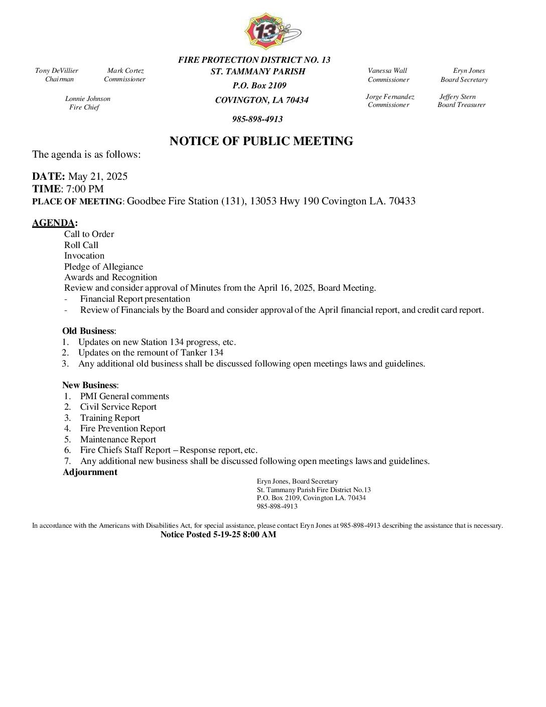 Board Meeting Notice 5 21 25