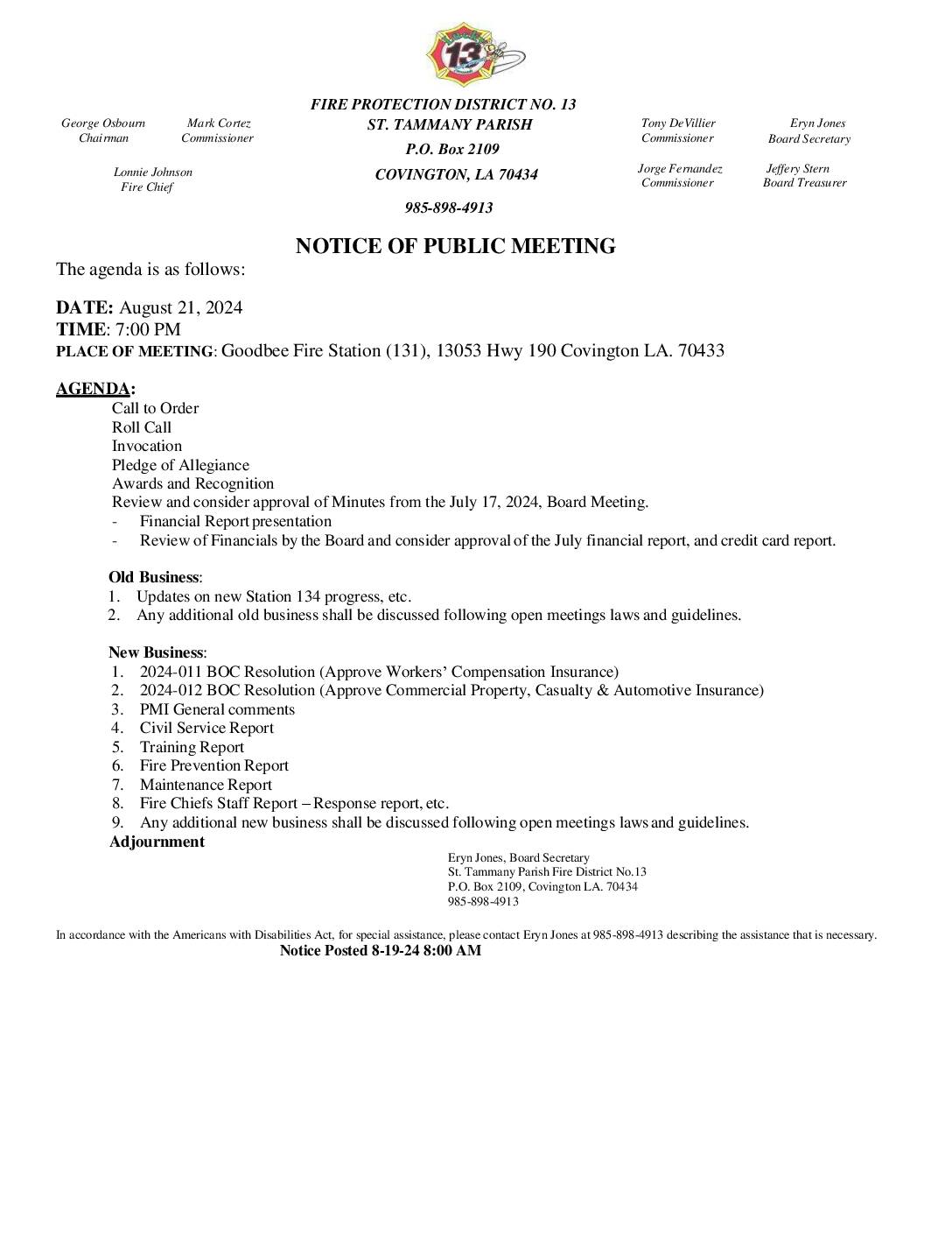 Board Meeting Notice 8 21 24