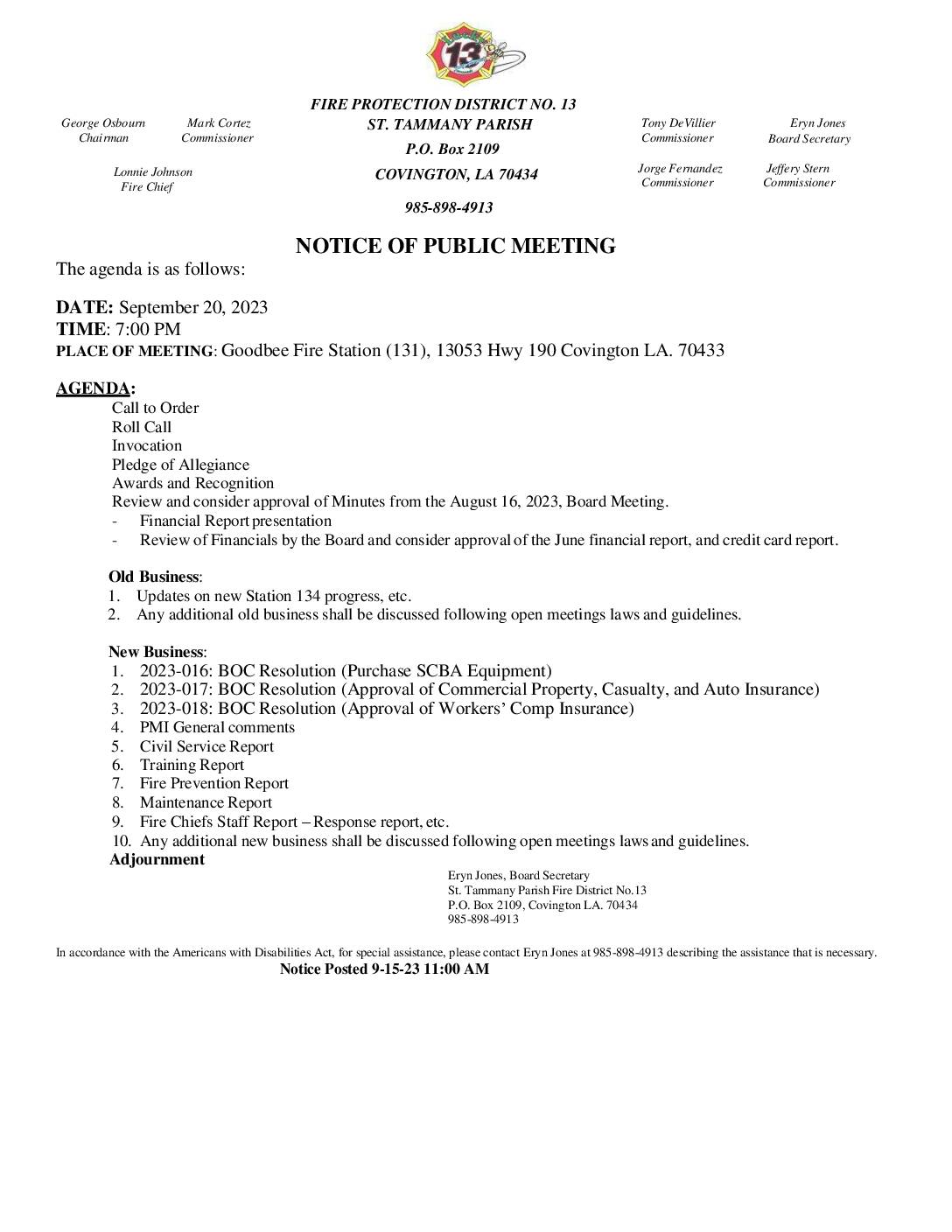Board Meeting Notice 9 20 23
