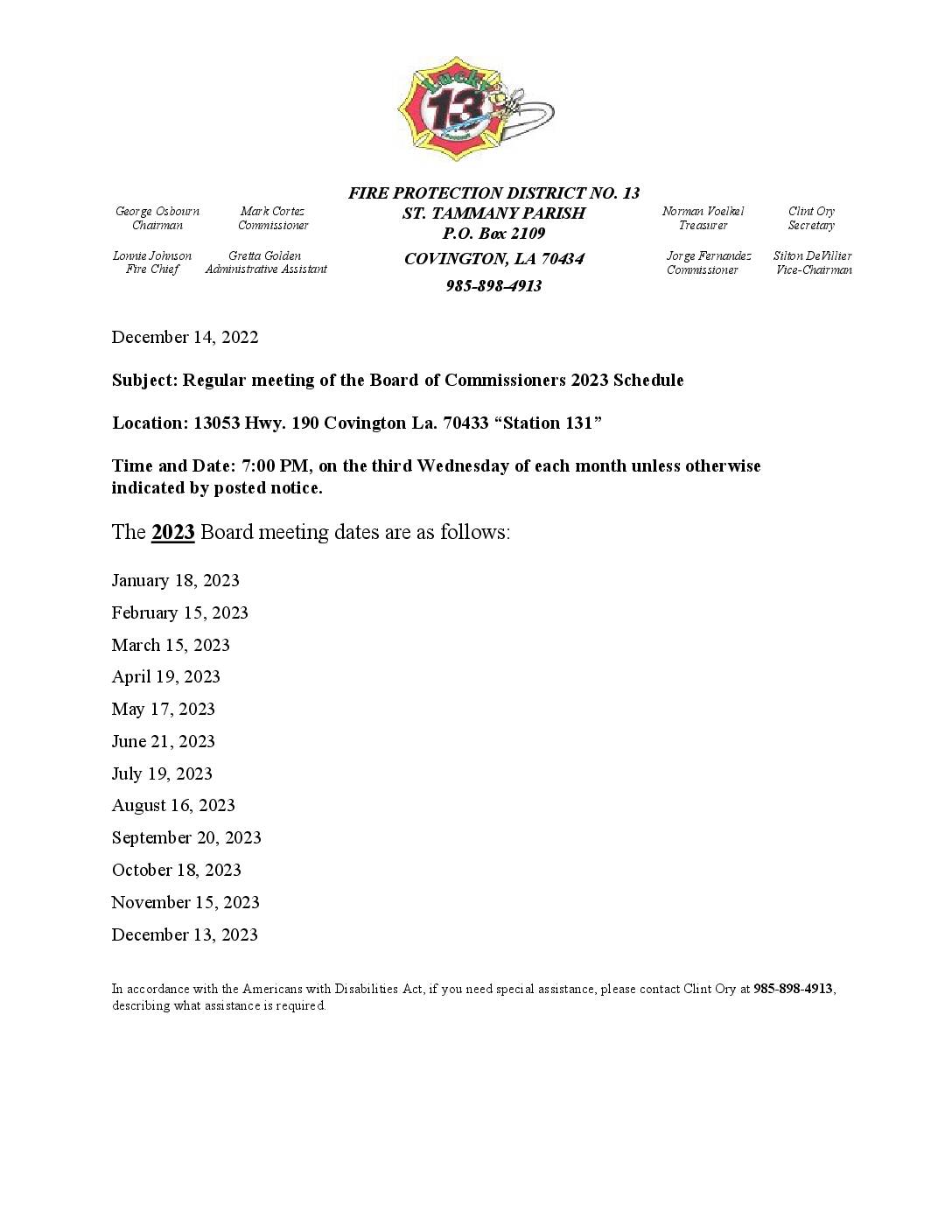 Board Meeting Schedule 2023