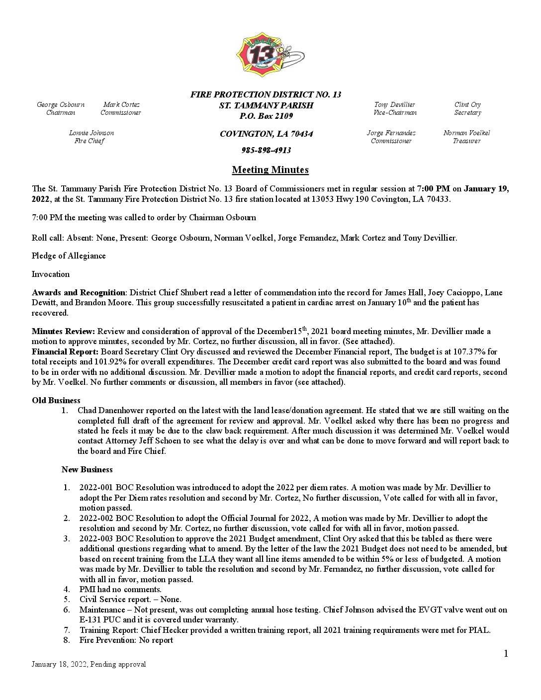 January 18th Meeting Minutes 2022