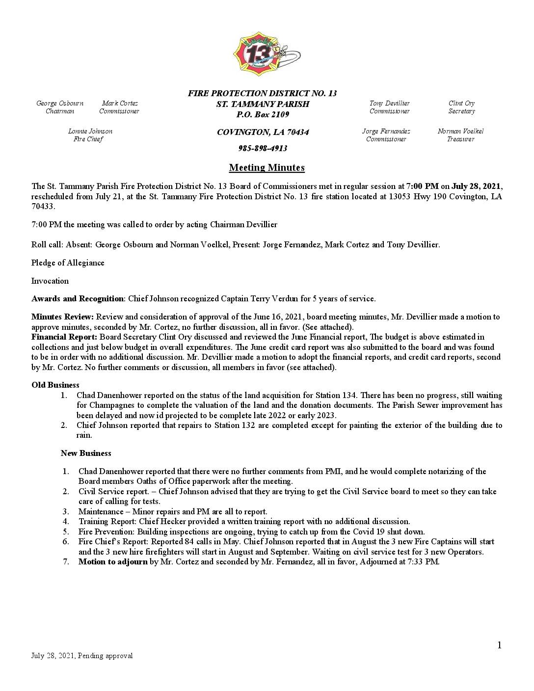 July 28th Meeting Minutes 2021