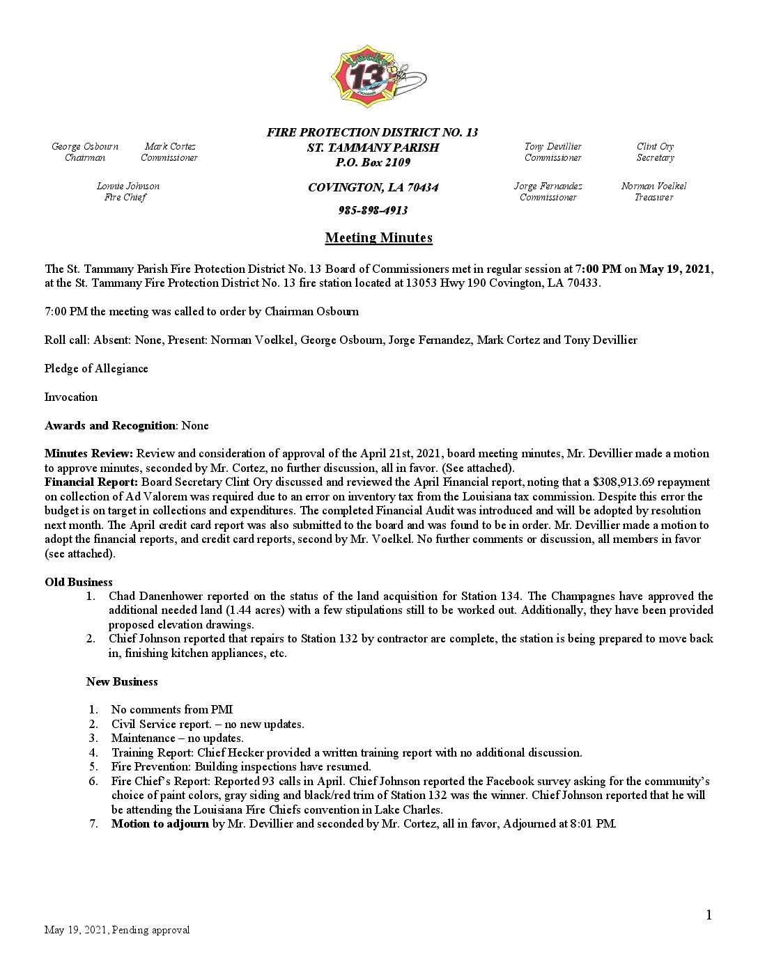 May 19th Meeting Minutes 2021