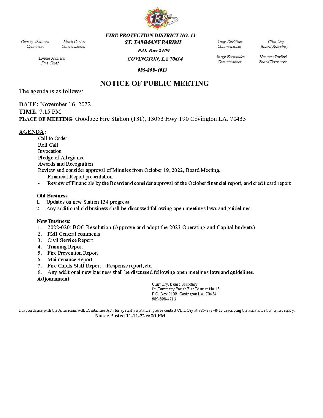 Meeting Notice 11 16 22
