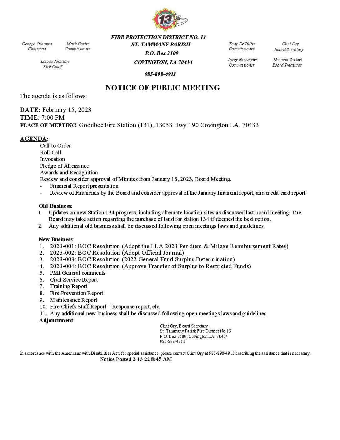 Meeting Notice 2 15 23