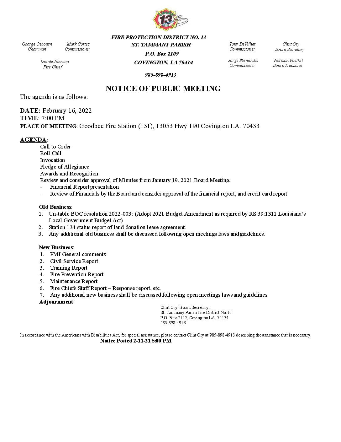 Meeting Notice 2 16 22