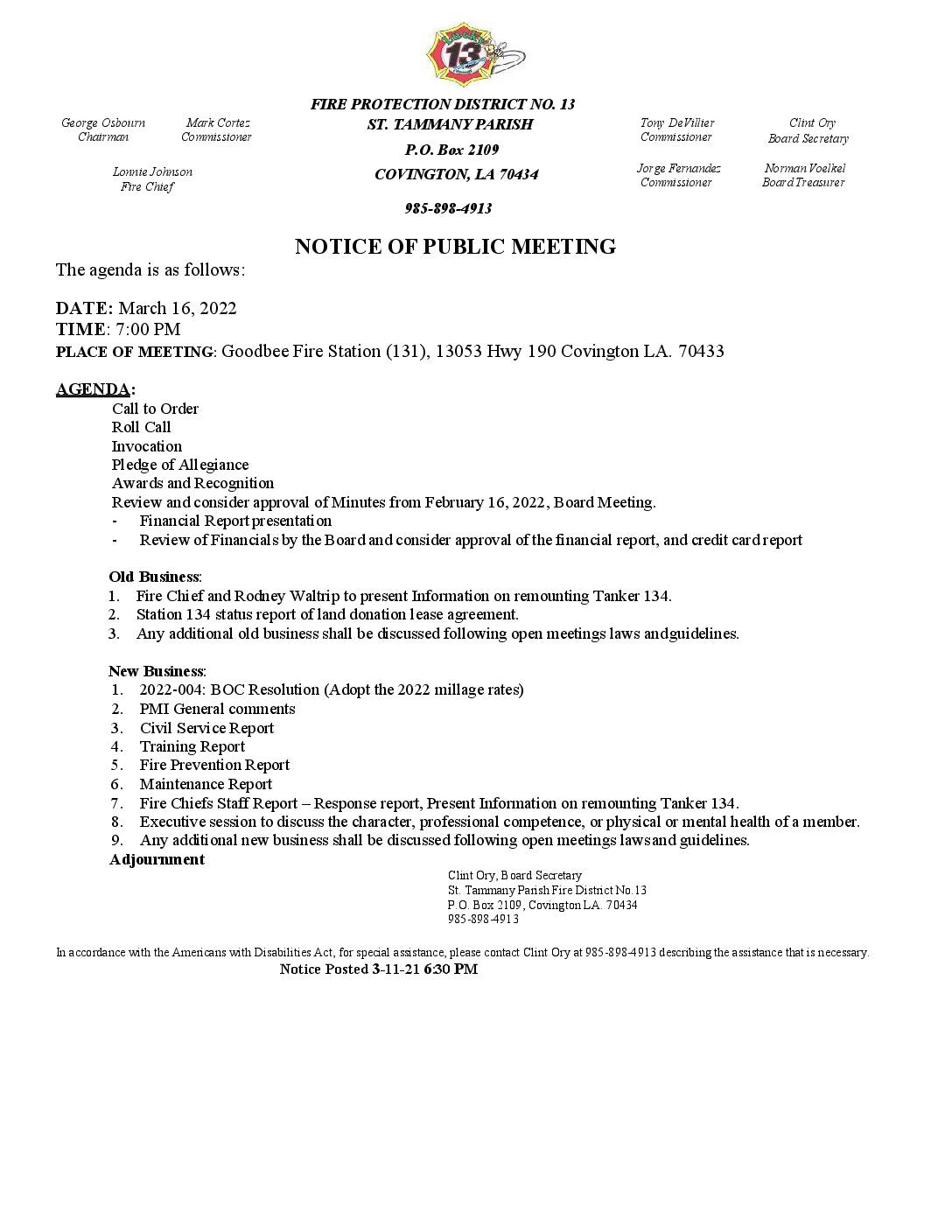 Meeting Notice 3 16 22