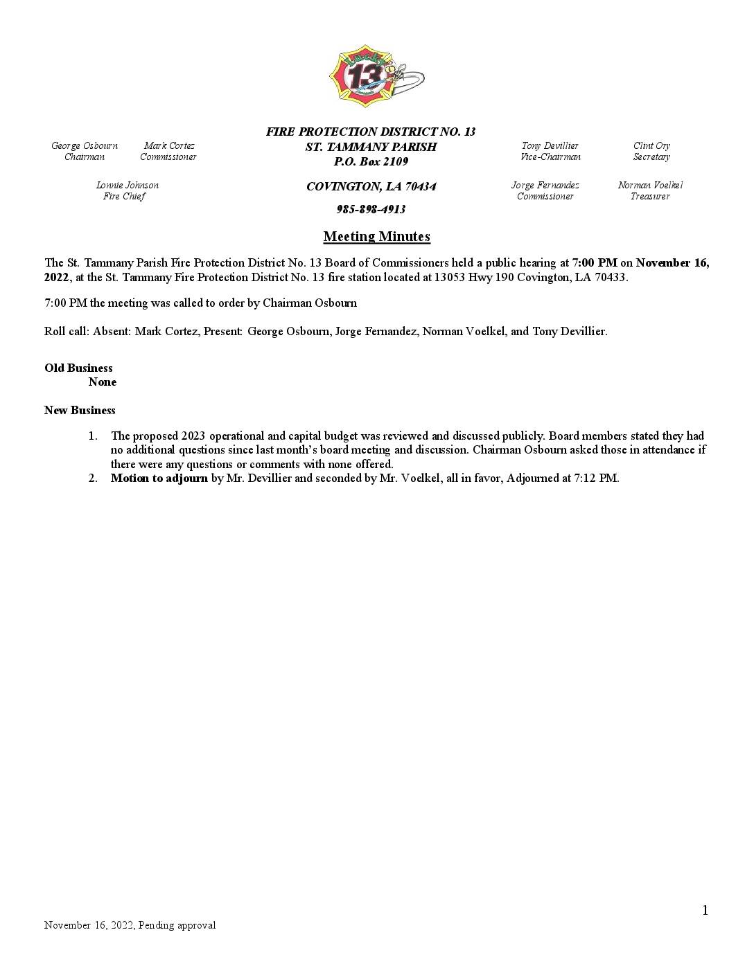 November 16th Public Hearing Minutes