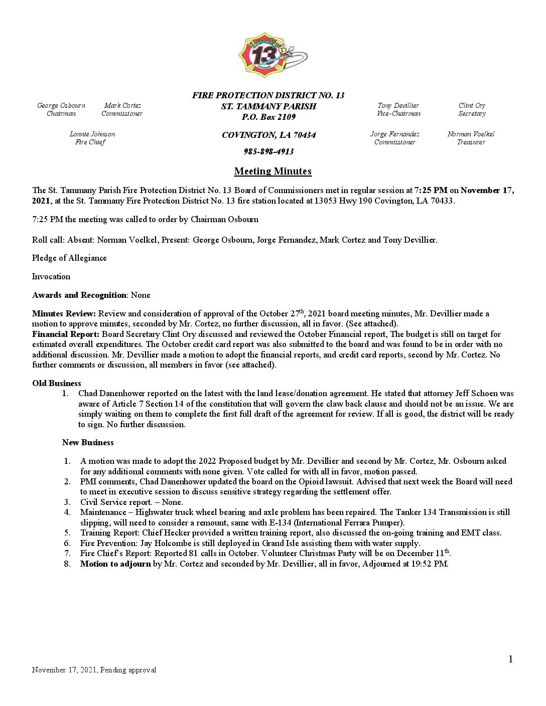 November 17th Meeting Minutes 2021