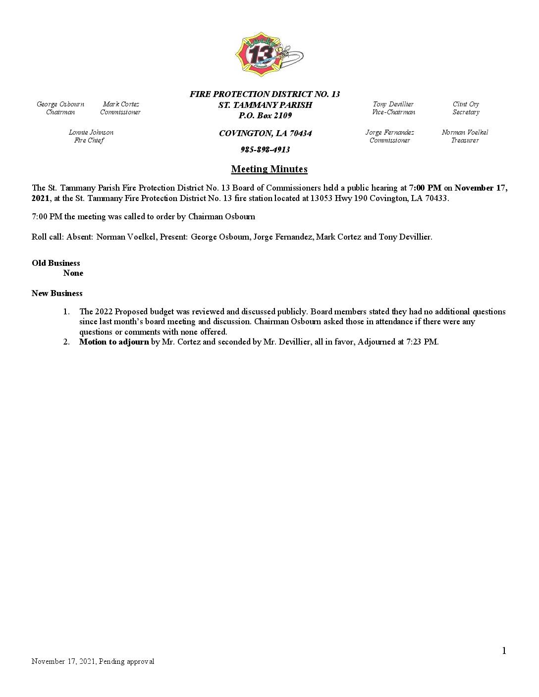 November 17th Public Hearing Minutes 2021