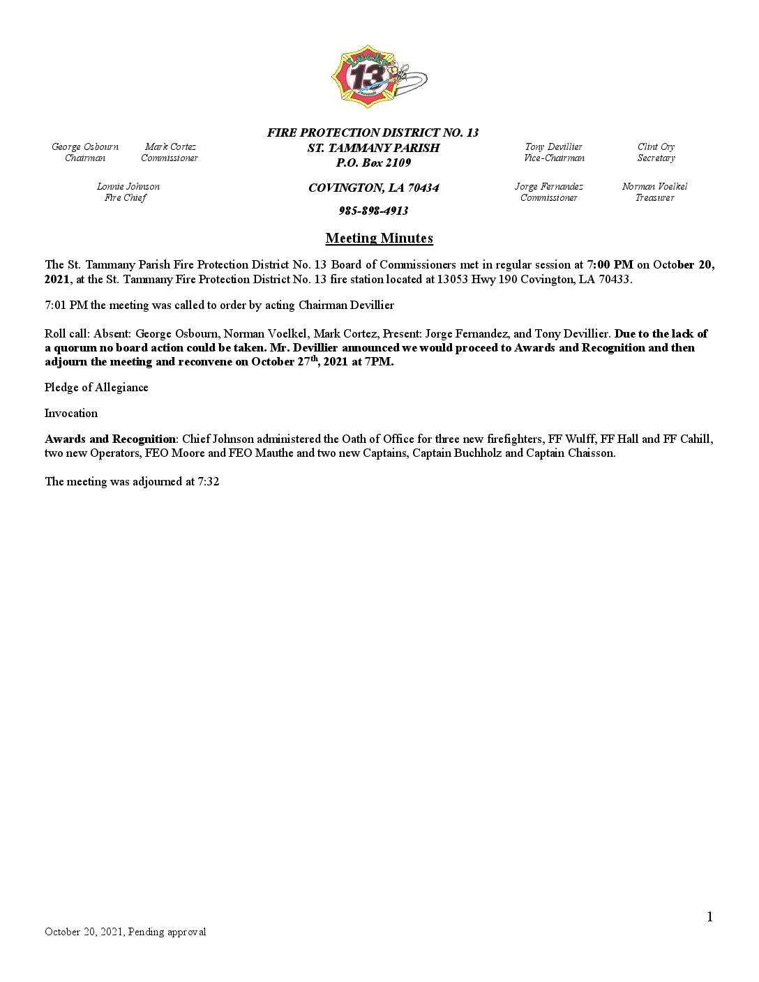 October 20th Meeting Minutes 2021