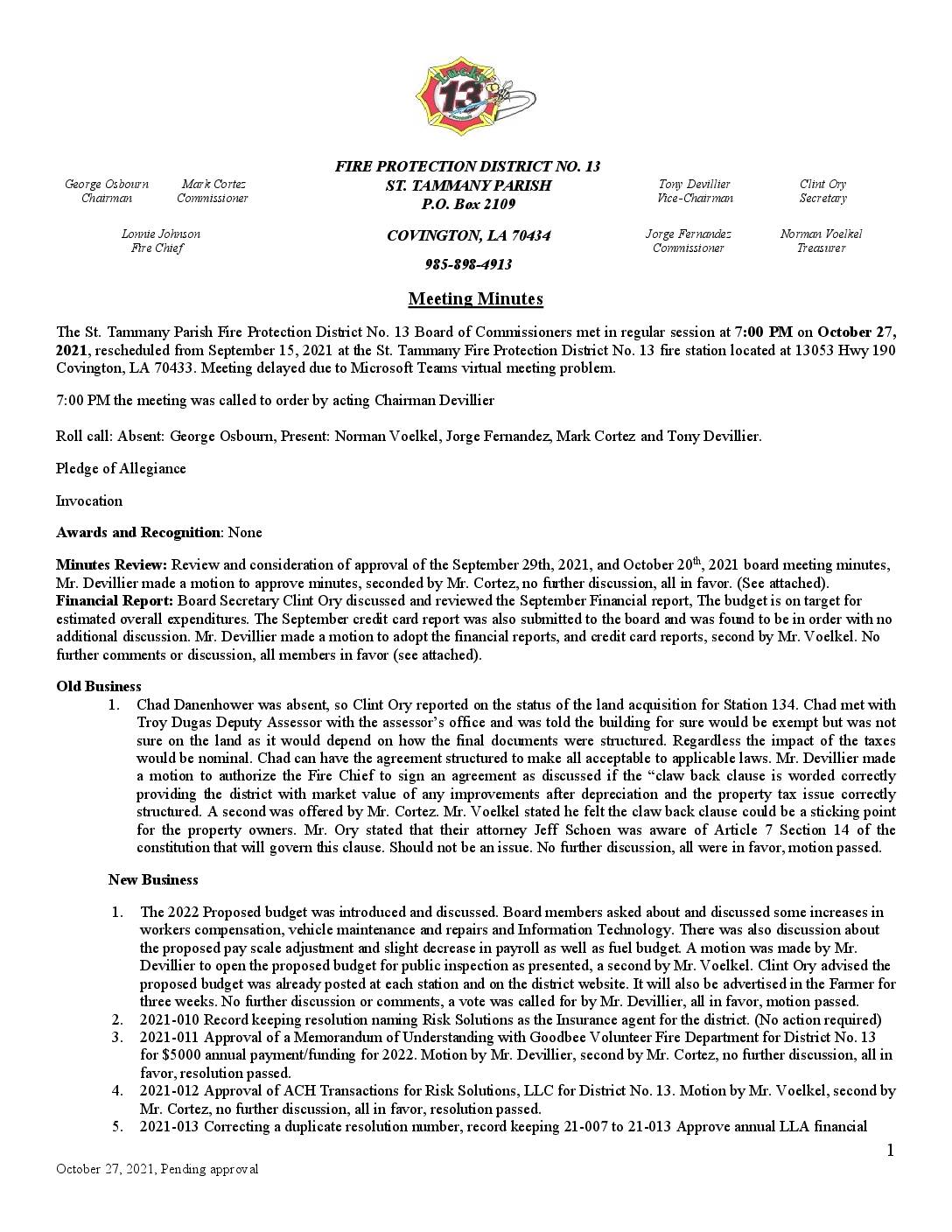 October 27th Meeting Minutes 2021