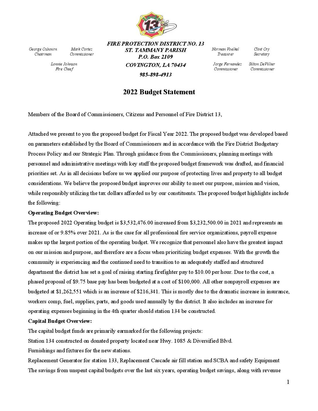 Proposed 2022 Budget Summary