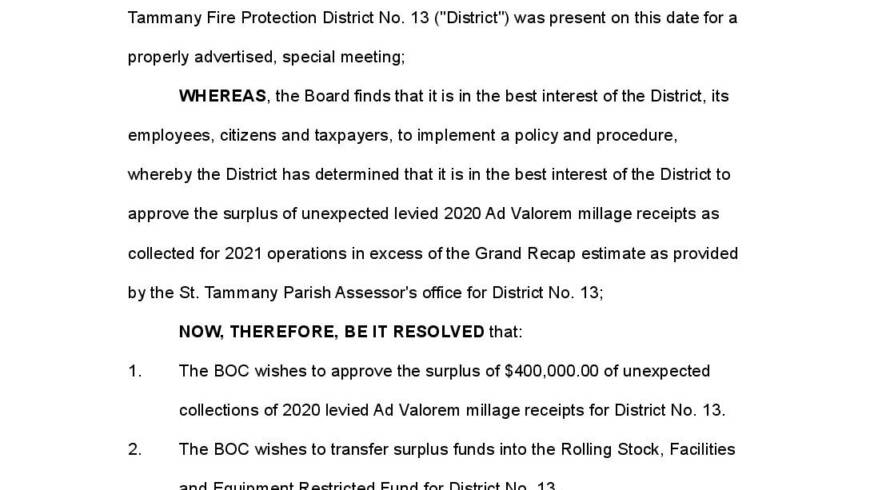 STFPD No. 13 BOC Resolution (2021 006) 2020 Ad Valorem Surplus 03242021