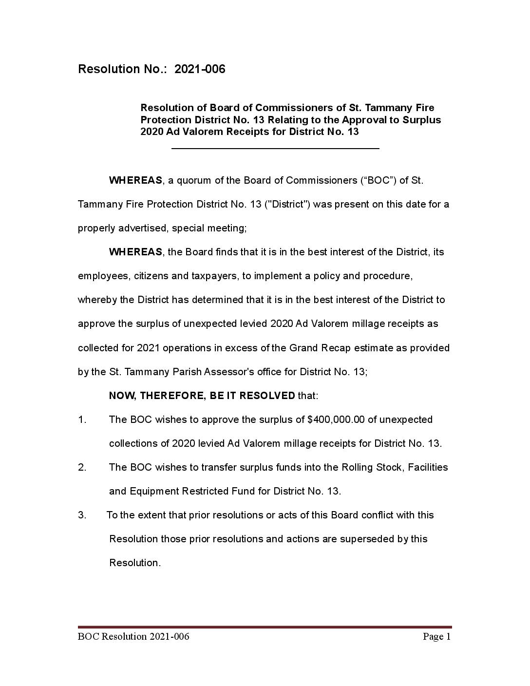 STFPD No. 13 BOC Resolution (2021 006) 2020 Ad Valorem Surplus 03242021