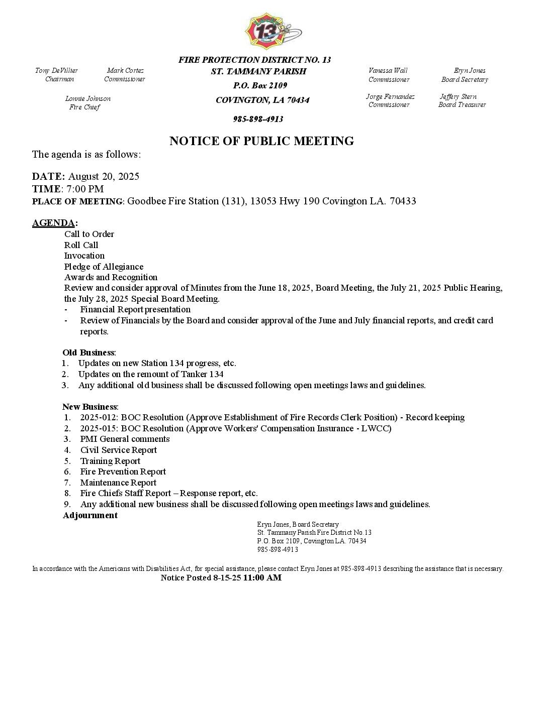 Board Meeting Notice 8 20 25