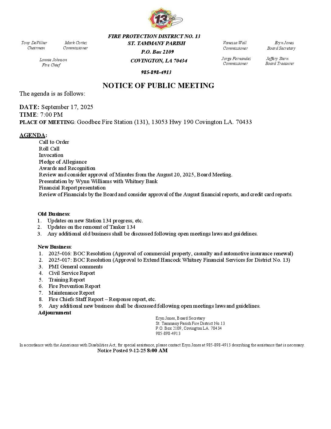 Board Meeting Notice 9 17 25
