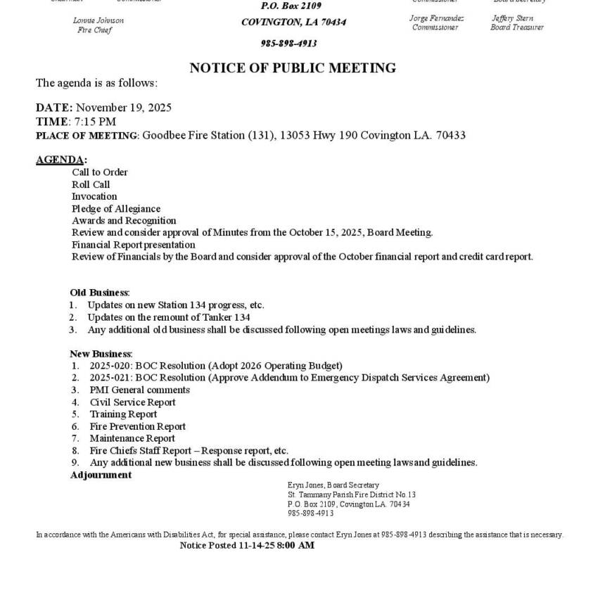 Board Meeting Notice 11 19 25