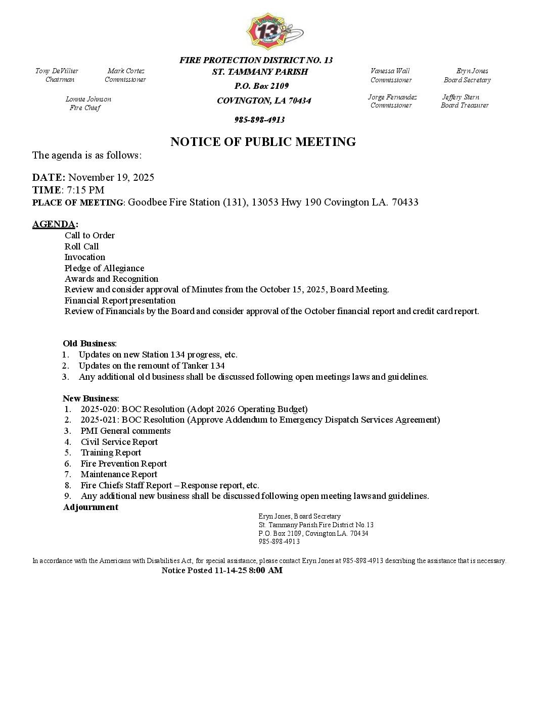 Board Meeting Notice 11 19 25