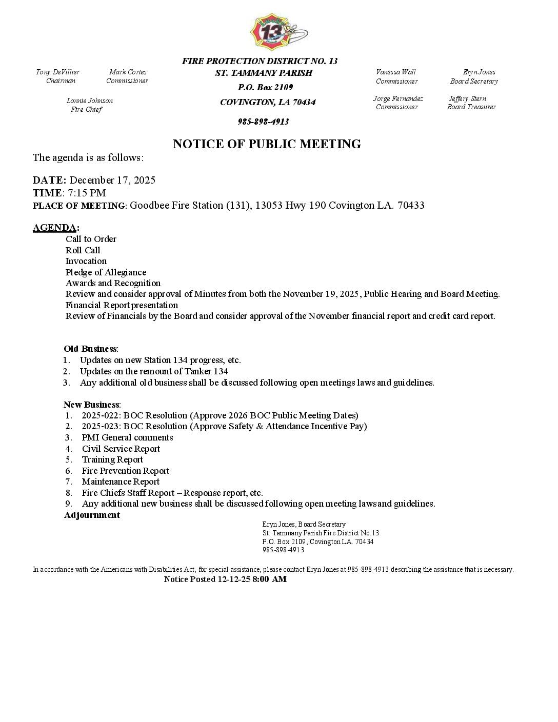 Board Meeting Notice 12.17.25