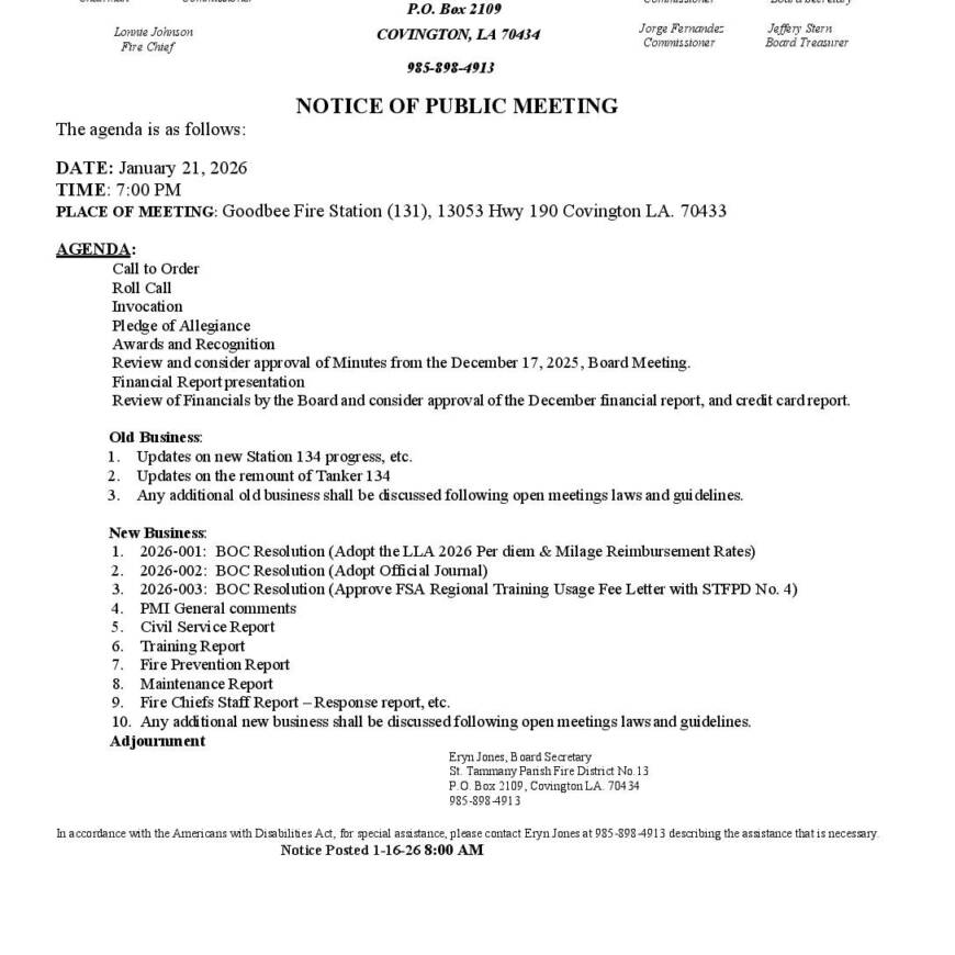 Board Meeting Notice 1 21 26