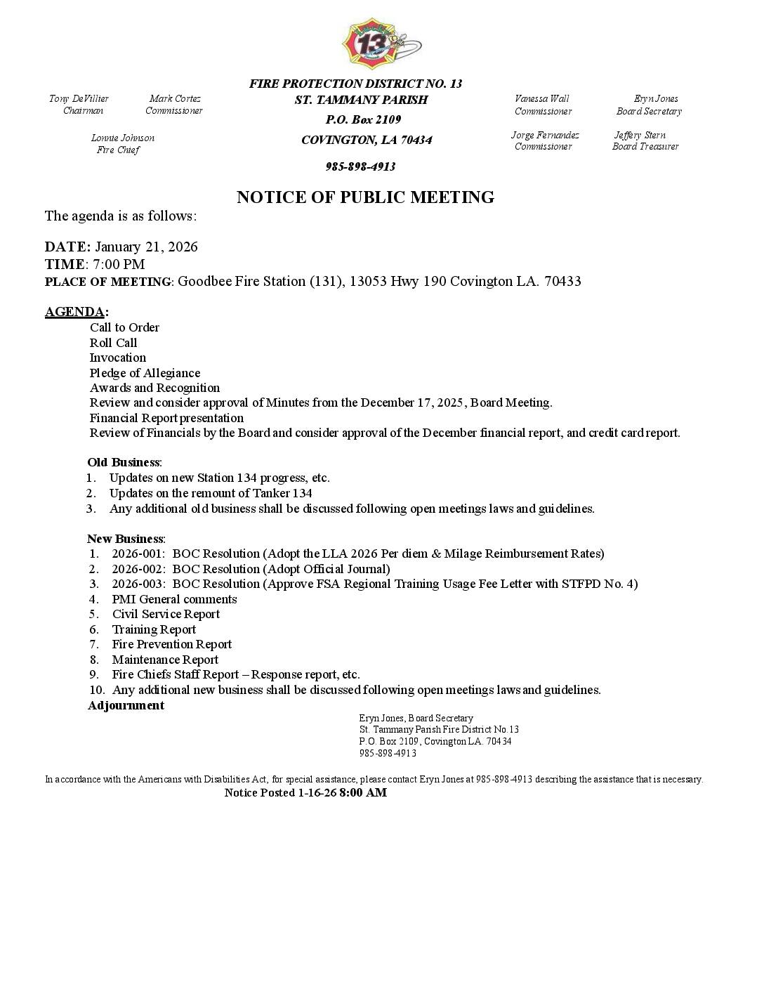 Board Meeting Notice 1 21 26